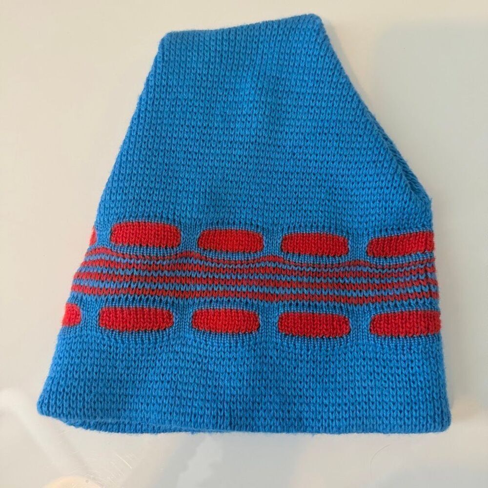 Vintage Smiley Wool Winter Hat Blue Red HOLE